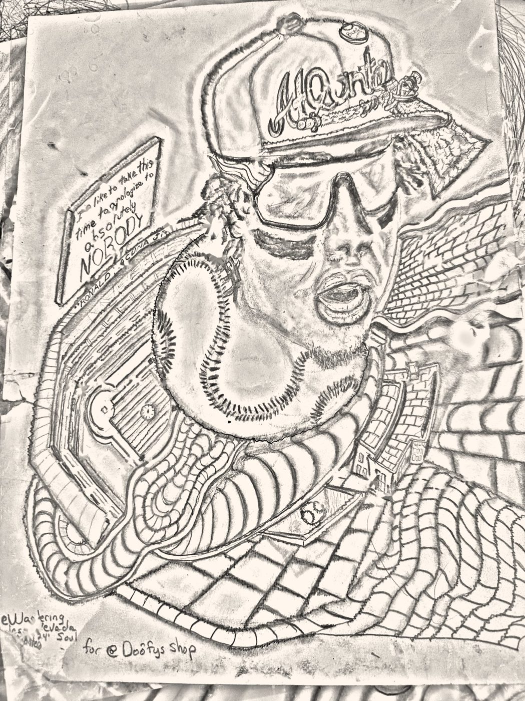 Pencil portrait of a man in a cap and sunglasses with a chain-link background